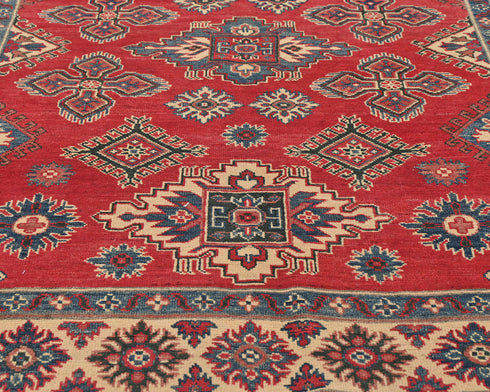 5x7 Red Kuba Afghan Hand Knotted Wool Area Rug